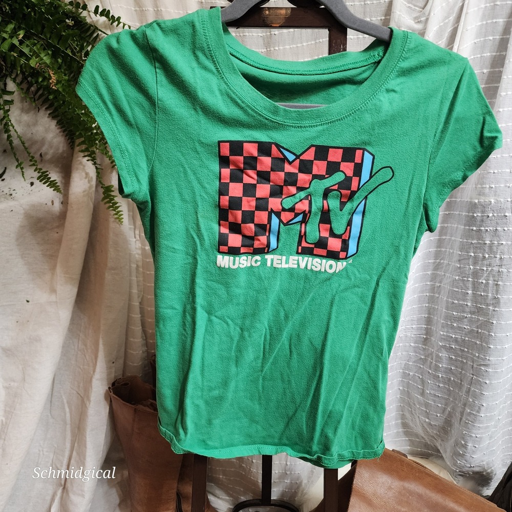 MTV Music Television Graphic Tee Green Short Sleeve Checkerboard Logo Shirt